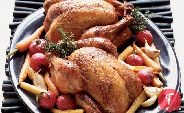 Roasted Blue Foot Chickens with Glazed Parsnips and Carrots