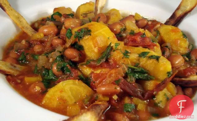Plantain And Pinto Stew With Parsnip Chips