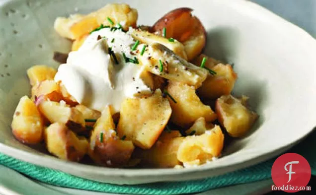 Crushed New Potatoes with Crème Fraîche and Cracked Coriander