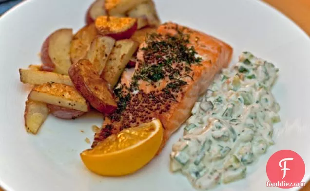 Dinner Tonight: Roasted Salmon and Potatoes with Cucumber Relish
