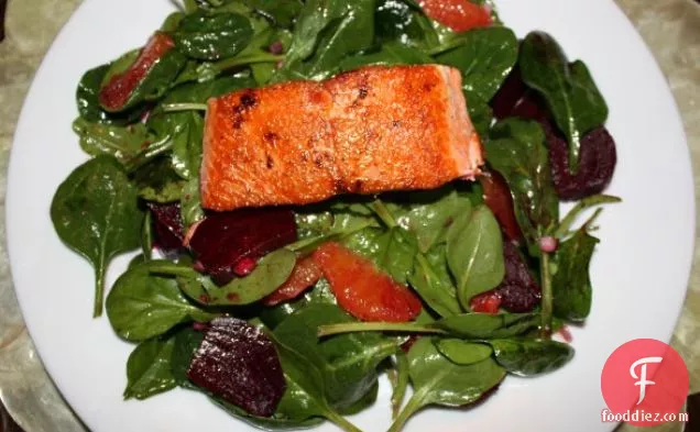 seared wild salmon with beet, blood orange and spinach salad