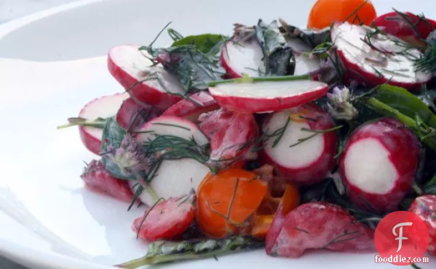 Radish And Herb Salad With Sungold Tomatoes And Strawberries