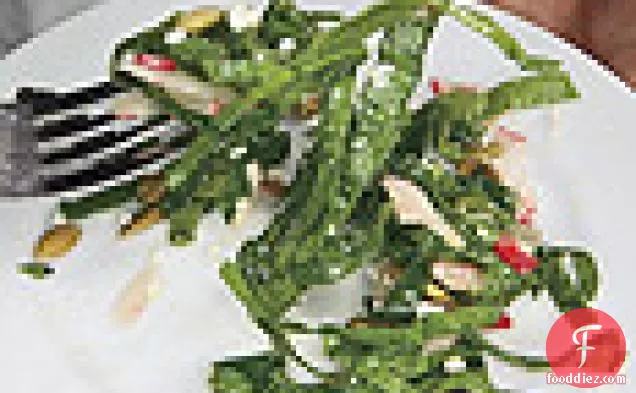 Spinach, Radish Slaw with Crispy Chiles and Pepitas