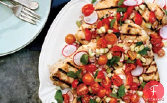 Grilled Chicken With Cucumber, Radish, And Cherry Tomato Relish