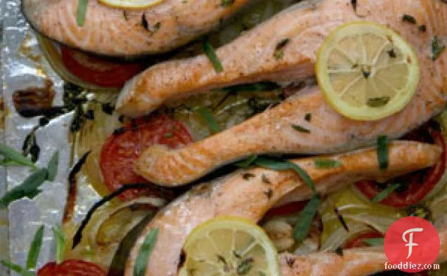 Broiled Salmon Steaks With Tomatoes, Onions, And Tarragon