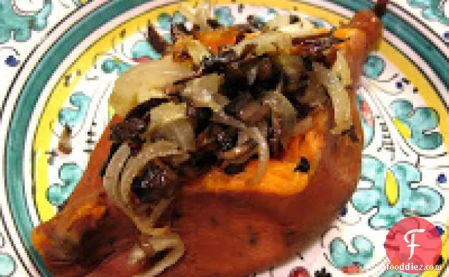Baked Sweet Potatoes With Sautéed Shallots, Garlic, And Mushrooms