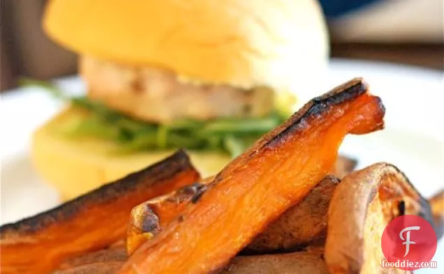 Turkey Burgers With Gruyere & Spiced Sweet Potato Fries