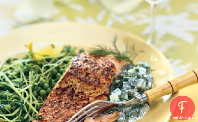 Salmon With Peas, Pea Tendrils, And Dill-cucumber Sauce