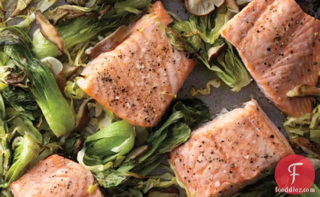Wasabi Salmon With Bok Choy, Green Cabbage, And Shiitakes