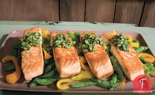 Salmon With Snap Peas, Yellow Peppers, And Dill-pistachio Pistou