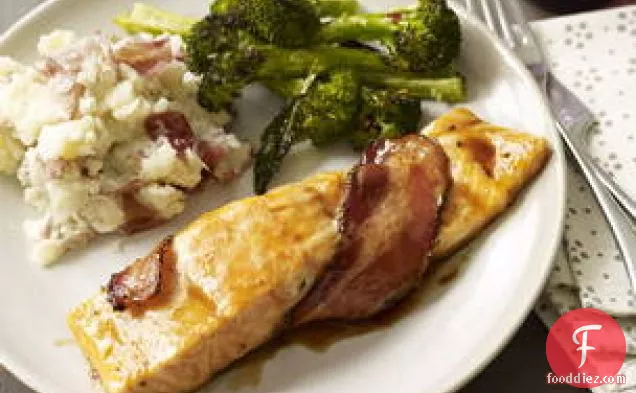Bacon-wrapped Salmon With Broccoli And Mashed Potatoes