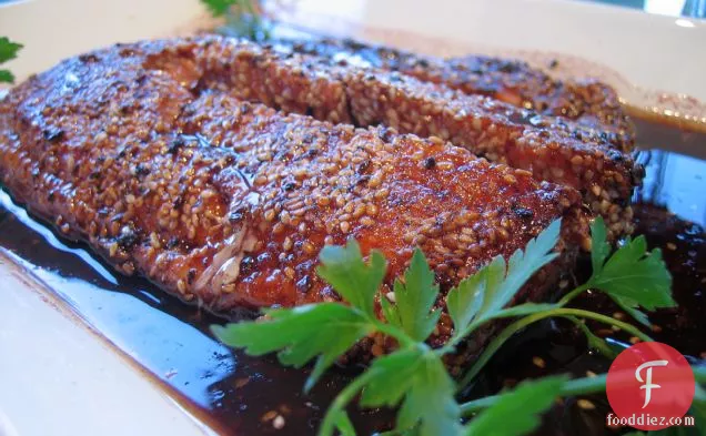 Sesame Encrusted Salmon With Pinot Noir Reduction