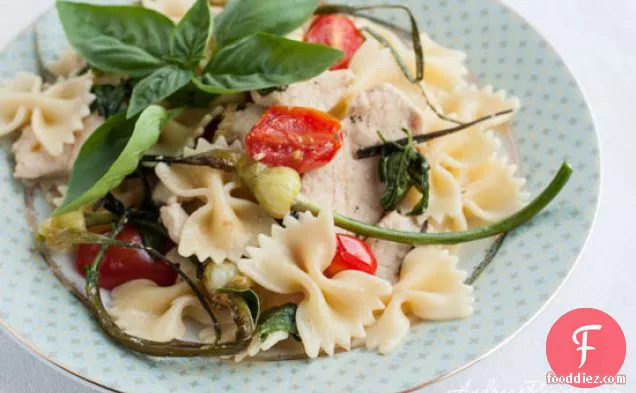 Pasta With Chicken, Garlic Scapes, Tomatoes, And Basil