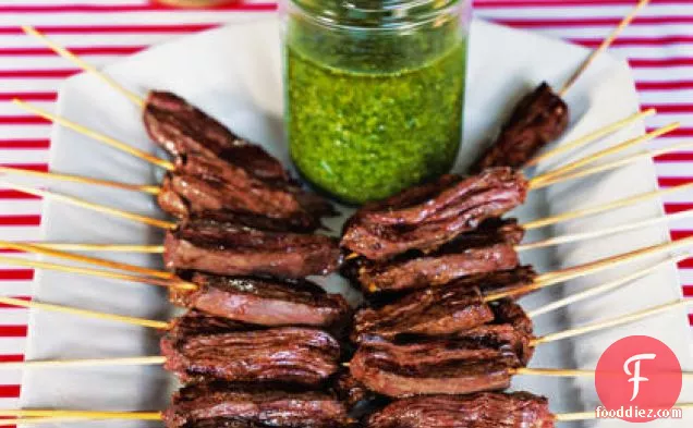 Skirt Steak Skewers with Cilantro-Garlic Sauce