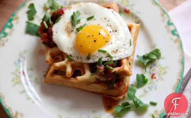 Savory Cornmeal And Chive Waffles With Salsa And Eggs