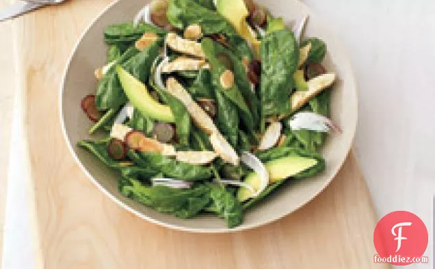 Chicken Salad With Grapes, Avocado, And Almonds Over Spinach