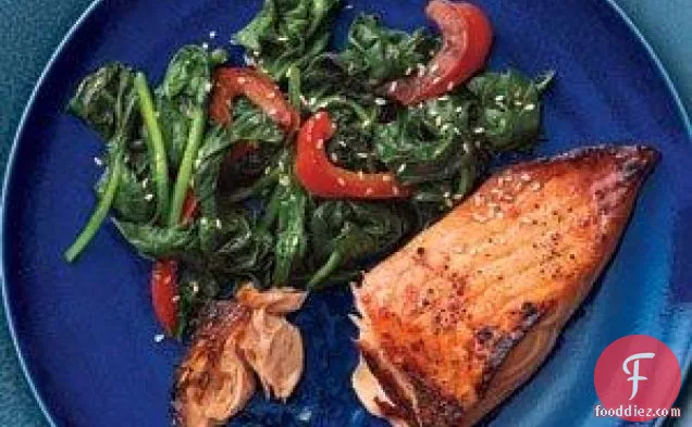 Honey-soy Glazed Salmon With Spinach And Peppers