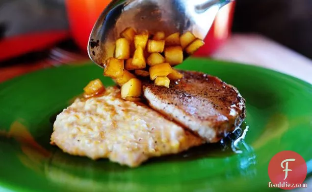 Pork Chops with Apples & Creamy Bacon Cheese Grits