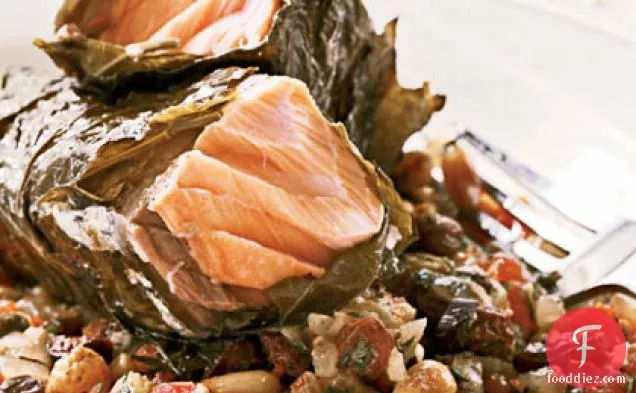 Grilled Salmon in Grape Leaves with Tomato-Raisin Relish