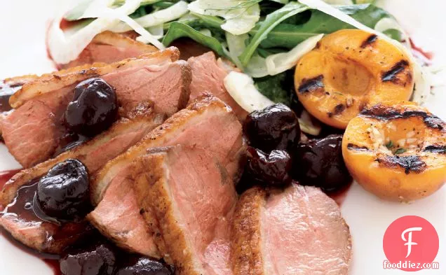 Duck Breast with Fresh Cherry Sauce and Grilled Apricots