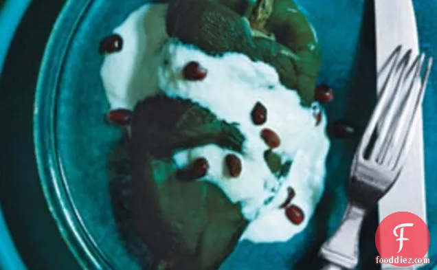 Stuffed Poblano Chiles with Walnut Sauce and Pomegranate Seeds