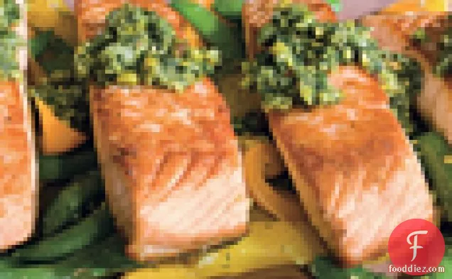 Salmon With Snap Peas, Yellow Peppers, And Dill-pistachio Pistou