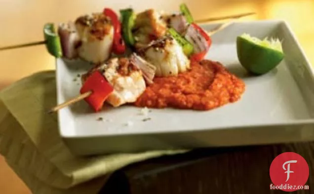 Salmon And Scallop Skewers With Romesco