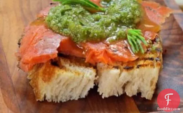 Spruce Cured Gravlox With Spruce Pesto Crostini