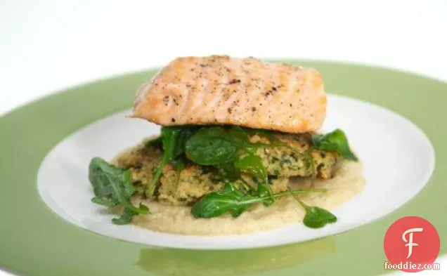 Olive Oil-Poached Salmon with Dijon Apple Puree and Couscous Cake