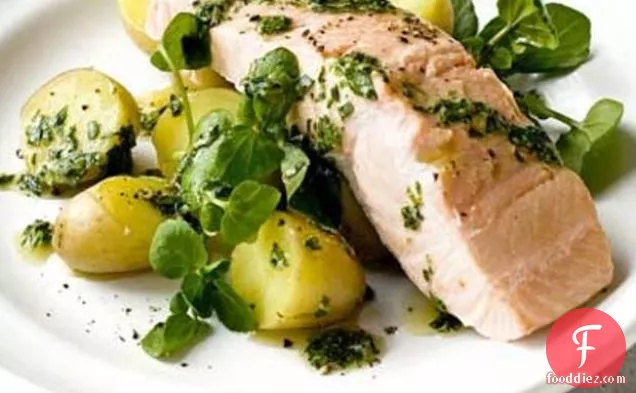 Poached Salmon With Green Herb & Mustard Sauce