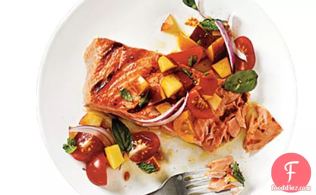Grilled King Salmon with Tomato-Peach Salsa