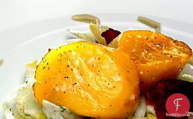 सौंफ सलाद के साथ एल्डर-स्मोक्ड स्कैलप्स