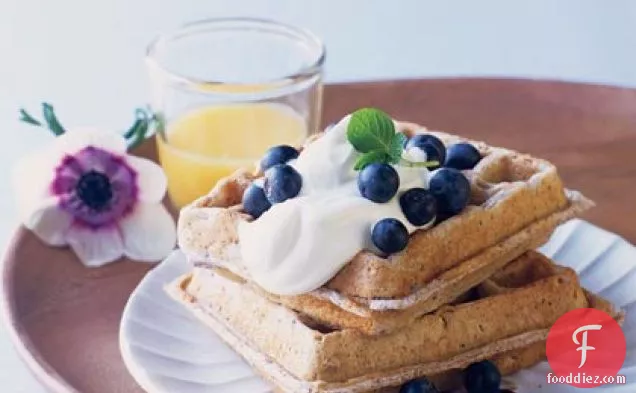 Blue Corn Waffles with Lavender Cream and Fresh Blueberries