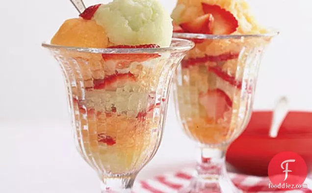 Two-Melon Freeze with Strawberry Sauce