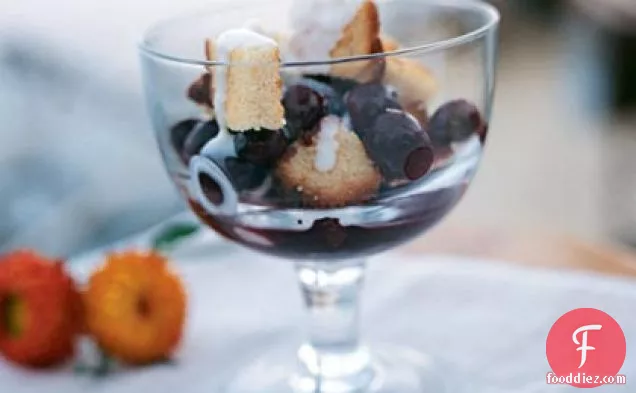 Cherries in Spiced Wine Syrup with Pound Cake Croutons