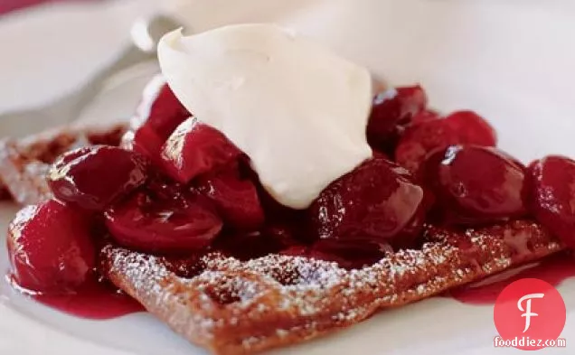 Chocolate Waffles with Poached Cherries