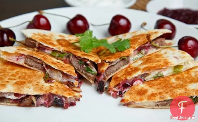 Duck Quesadillas with Chipotle Cherry Salsa and Goat Cheese