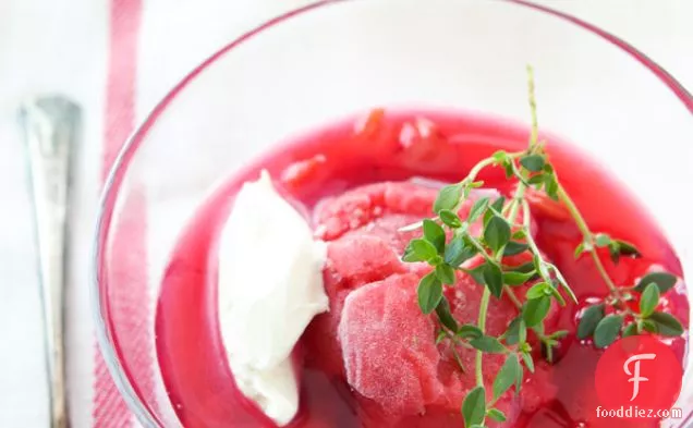 Sour Cherry Soup With Lemon Thyme And Vanilla, Strawberry Sorbet