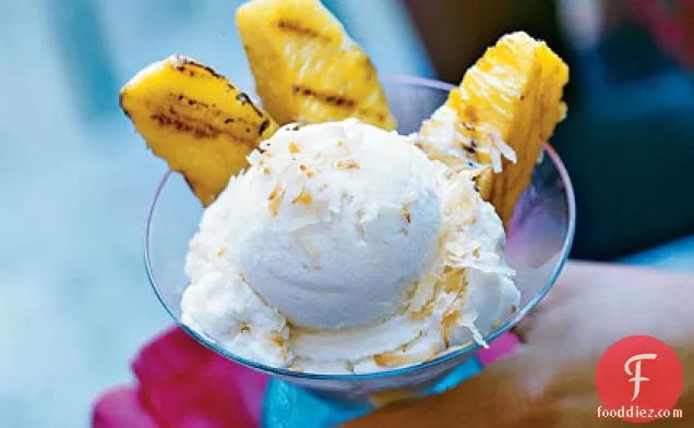 Rum-Macadamia Ice Cream with Grilled Pineapple and Coconut