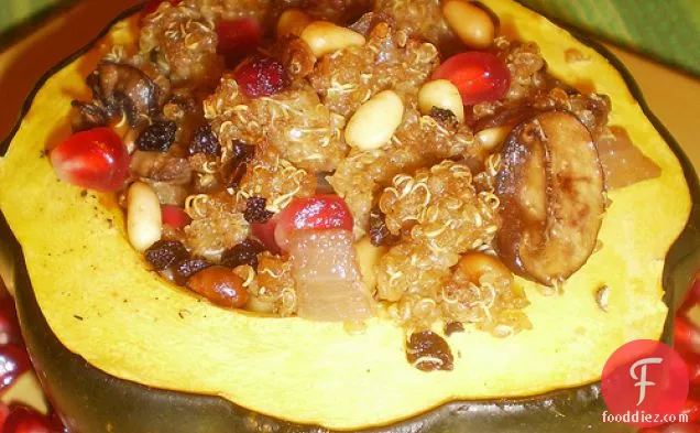 Baked Acorn Squash With Moroccan Quinoa & Pomegranate Stuffing