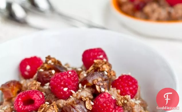 Spelt Berry Porridge With Granola, Dates, And Raspberries