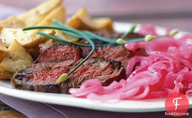 Shallot-Rubbed Steak with Roasted Potatoes and Pickled Onions