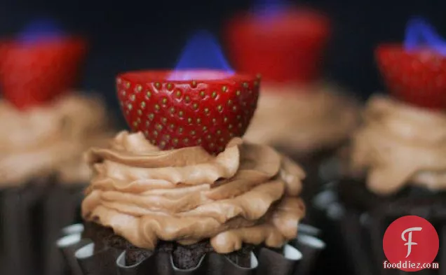 Chocolate Cupcakes With Flaming Strawberries