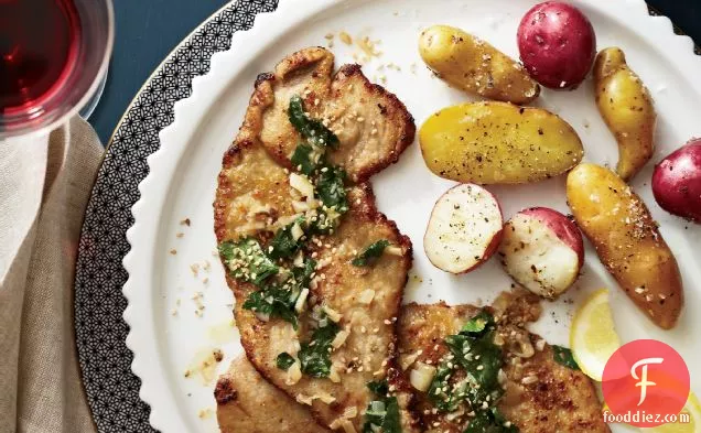 Veal Scaloppine with Wilted Parsley, Lemon and Sesame