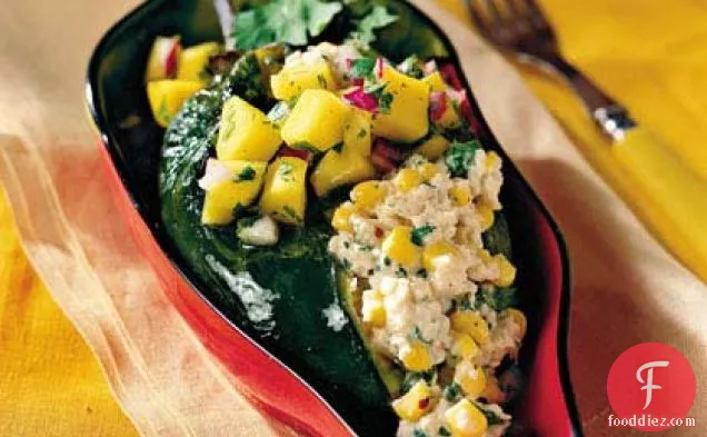 Crab-and-Goat Cheese Poblanos With Mango Salsa