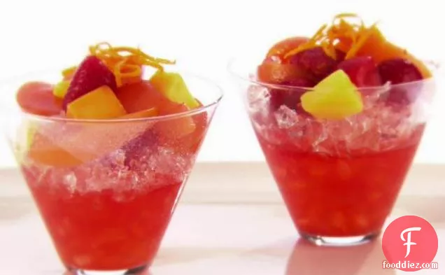 Poached Strawberries, Peaches, and Mango over Crushed Ice