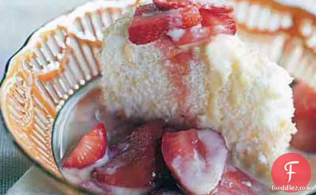 Almond Angel Food Cake with Crème Anglaise and Macerated Strawberries
