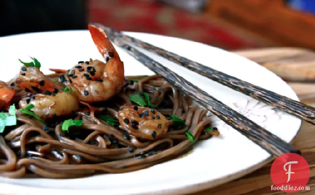 Soy-glazed Black Sesame Shrimp With Soba Noodles