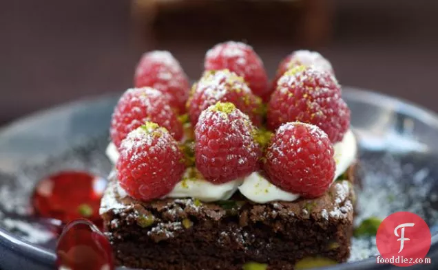 Chocolate Cake With Pistachios, Raspberries And Vanilla-flavore