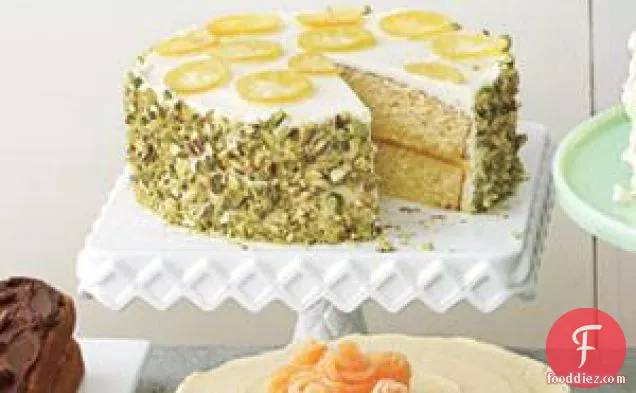 Yellow Lemon Cake With Candied Lemons And Pistachios